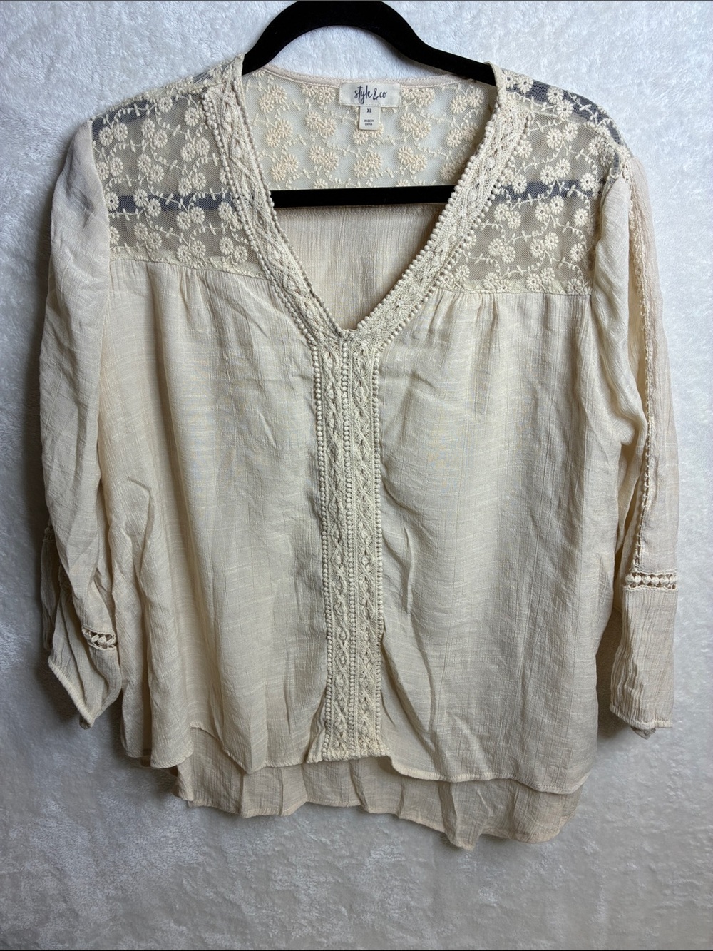 Style & Co. Cream Lace Yoke V-Neck Tunic